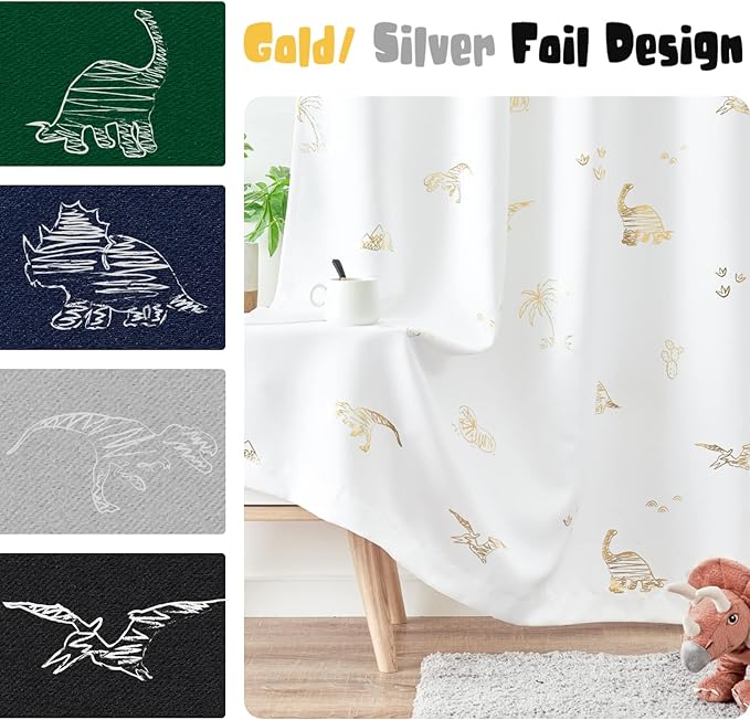 Vangao Kids Curtains White Drapes Dinosaur Curtains for Boys Kids Nursery Girls Room Golden Dino Foil Print Light Filtering Grommet Top Window Drapes 63 Inches Length 2 Panels