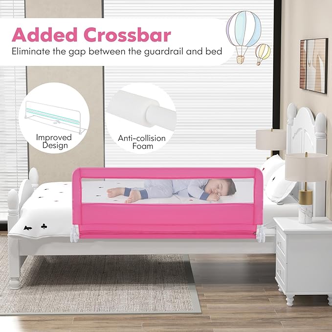 BABY JOY Bed Rails for Toddlers, 59'' Extra Long, Swing Down Bed Guard w/Safety Straps, Folding Baby Bedrail for Kids Twin, Double, Full Size Queen & King Mattress (Pink, 59-Inch)
