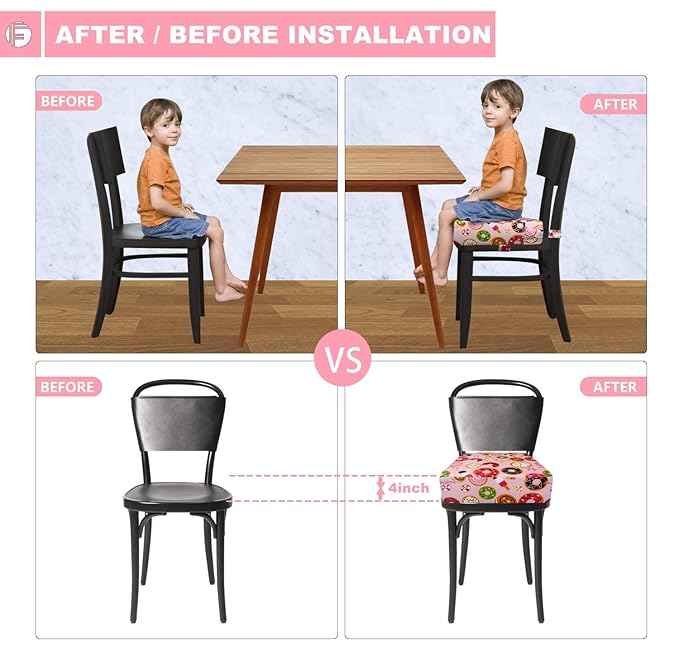 Toddler Booster Seat for Dining Table, Portable Booster Seat for Kitchen Chair, 4 Inch High-Density Foam Cushion with Adjustable Safety Straps and Non-Slip Bottom, Perfect for Kids Travel and Daily