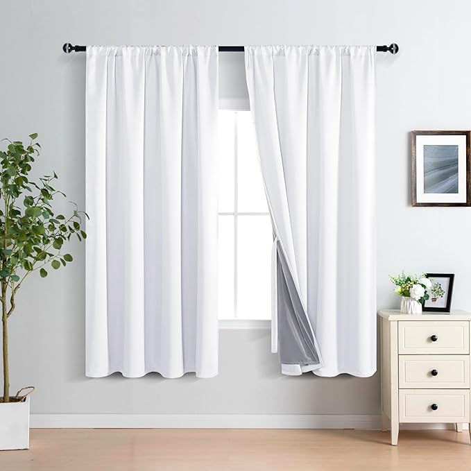 XWZO White 100% Blackout Curtains - Heat and Full Light Blocking Drapes with Black Liner for Bedroom/Laundry Room, Rod Pocket Window Panels with Tiebacks, White, W52 x L72, Set of 2