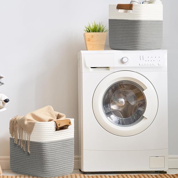 danpinera 3 Pack 11"x11" Woven Basket for Organizing, Square Storage Baskets for Pillows, Towels, Toy, Clothes, Magazines, Decorative Storage Cubes for Bedroom, Living Room, Classroom, Grey