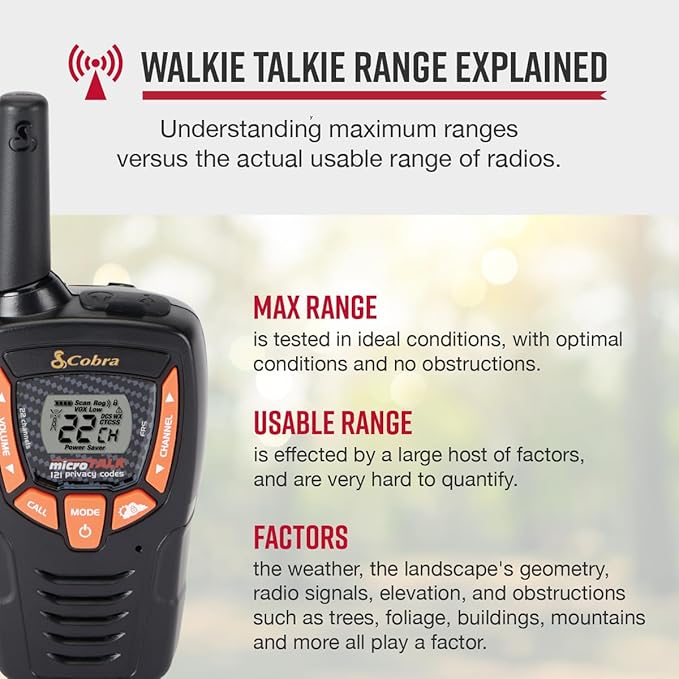 Cobra ACXT345 Weather-Resistant Walkie Talkies & Compatible Cobra Surveillance Headset - Rechargeable, 22 Channels, Long-Range, 2 Two-Way Radios, 2 Headsets, Black/Orange
