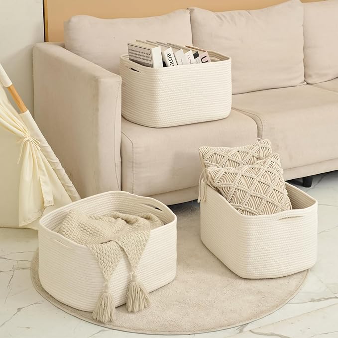 Large Storage Baskets for Organizing Shelves, Woven Cotton Rope Bins for Baby Nursery Organization, Book Toy Towel Organizer, 17"x13"x9.5", 3 Packs, Off White