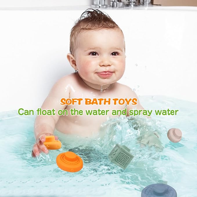 Montessori Toys for Babies 6-12 Months, 4 in 1 Soft Baby Teething Toys, Stacking Building Blocks & Rings for Infants, Sensory Bin Toy