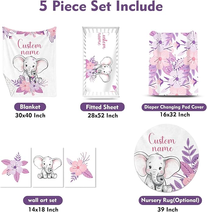Personalized Nursery Crib Bedding Set: Custom Name Purple Flower 5 Piece Baby Crib Sets with Elephant Design - Toddler Double Layer Blanket Set, Comfortable Crib Bed Sheets for Baby Grils
