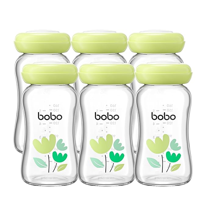 YOHKOH Breast Milk Storage Bottles - Wide Neck Glass Breastmilk Storage Bottles with Lids, BPA-Free (Green, 5.4oz (Pack of 6))