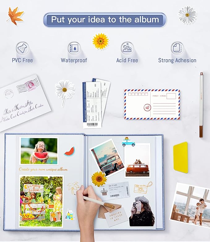 popotop Photo Album Self Adhesive with Picture Display Window,40 Pages DIY Scrapbooking Supplies Kit for 4x6 8x10 Picture,Linen Cover Memory Book for Baby Wedding, with Scraper and Metallic Pen