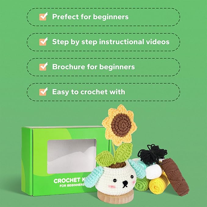 RoseFlower Crochet Kit for Beginners, 4 Pack Potted Plants Crochets Starter Kits with Step-by-Step Video Tutorials, DIY Craft Knitting Crochet Animals Set for Kids Adult