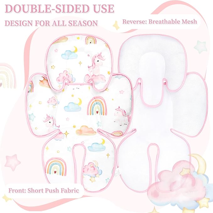 Summer Infant Car Seat Insert, 2 in 1 Baby Car Seat Head Body Support for Newborn Upgrade Mesh Baby Car Seat Insert Stroller Cushion for Boys Girls, Extra Soft and Breathable, Unicorn