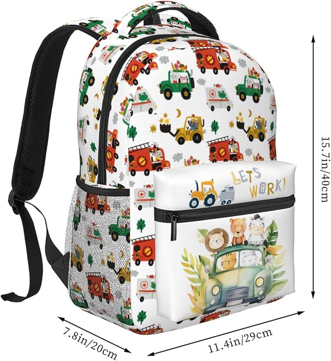 Funny Cars Kids Backpack For School Cute Animal Bear Lion Car Travel Backpack Cartoon Ambulance Digger Fire Engine Waterproof Backpack For Kids Boys Girls For School Travel Hiking