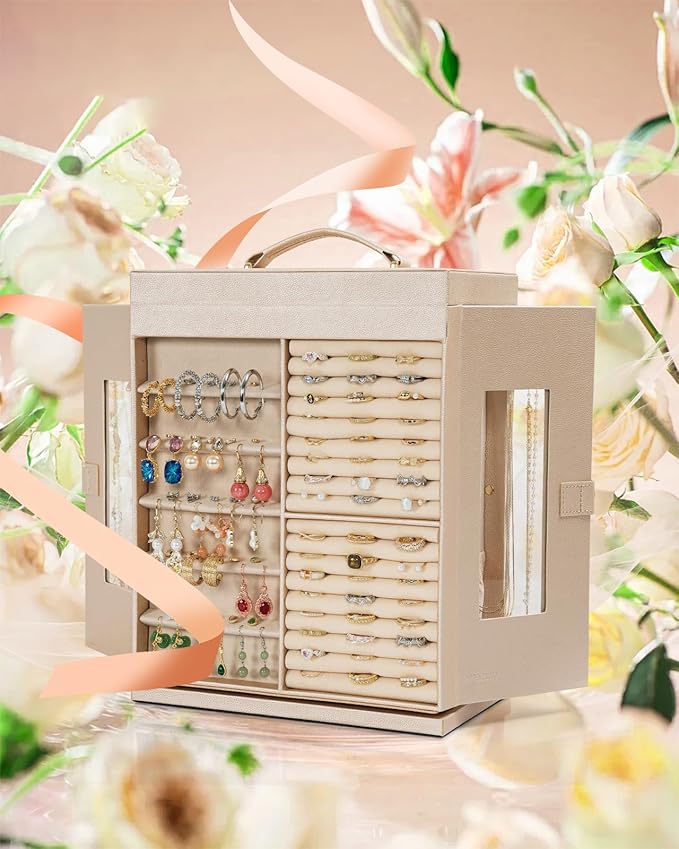 AKOZLIN Jewelry Box 360° Rotating 6-Tier Functional Jewelry Storage Case Organizer for Women Girls Ring Necklace Earring Bracelet Holder with Mirror