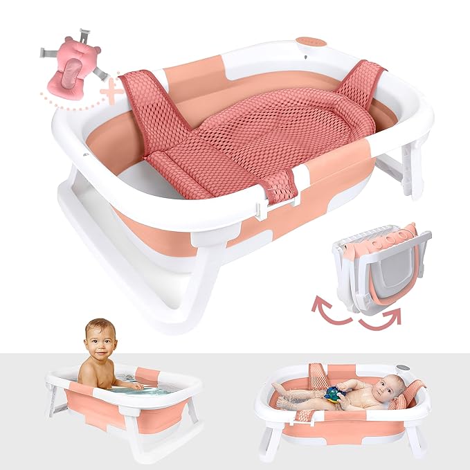 BEBELEH™ Collapsible Baby Bathtub – Bathtub + Baby tub Sling + Newborn Sling – Baby Bathtub Newborn to Toddler 0-24 Months – The Ultimate Travel Baby Bath Tub and Everyday Use! (Pink)