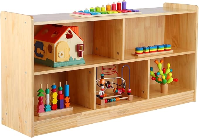 Montessori Shelf, 47-1/4" L Toy Shelf, Toy Storage Organizer with 2-Layer Bookshelf, 5-Section Wooden Storage Cabinet, Bookshelf for Kids Rooms, Playroom, School, Nursery