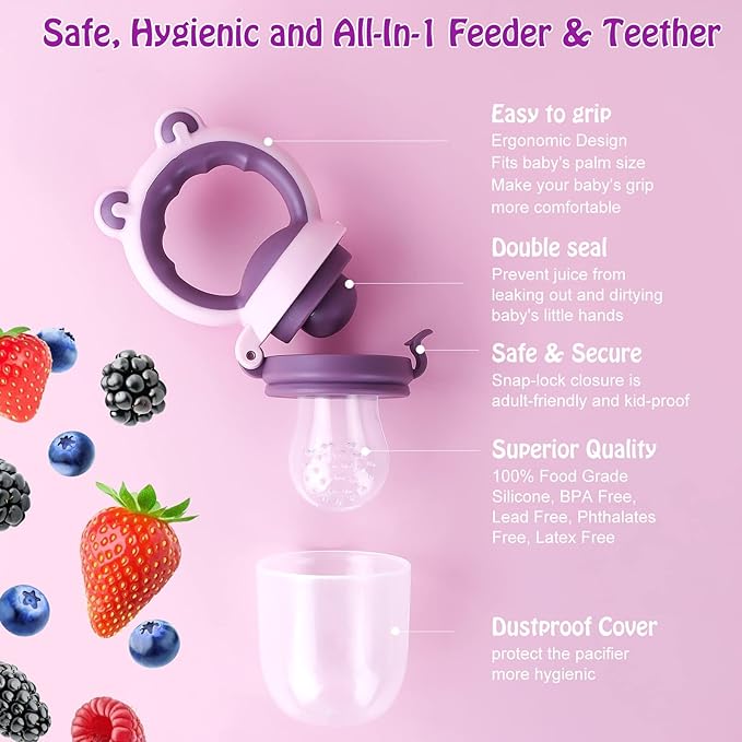 Baby Solids/Frozen Fruit Feeder Pacifier, Infant Teether Toy 4M+, BPA-Free Silicone Pouch & Nipple, Safely Introduce Solids, Teething Relief, 2-Pack (Bear - Purple Pink White, S/M/L)