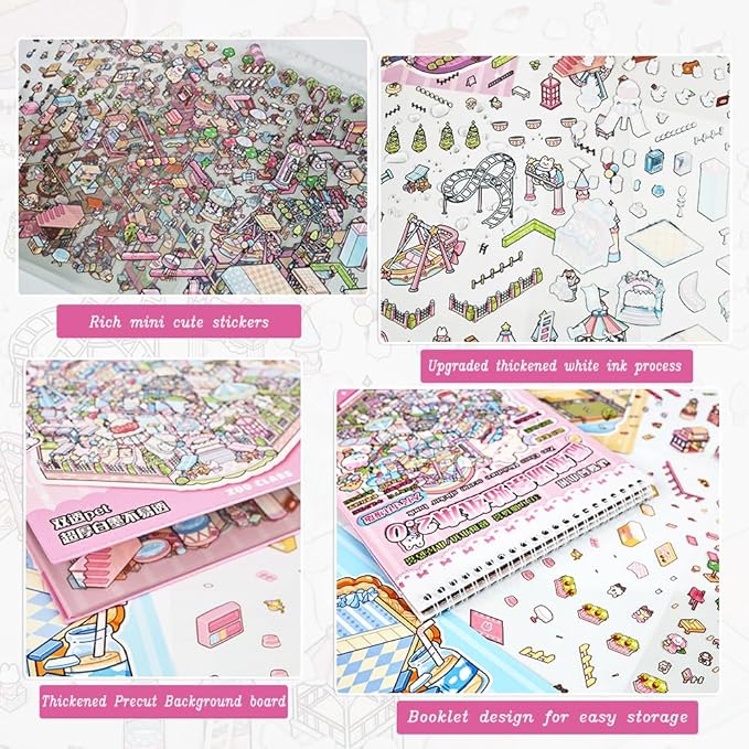 Sticker Therapy 3D Scene – 6 Sets Large Size DIY 3D Sticker Scenes with Tweezer for Adults Kids Relief Stress Pass The Time, Cute Miniature House Room Material Collection Book 02