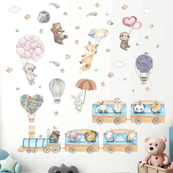 Hot Air Balloon Animal Wall Decals - Elephant Lion Giraffe Train Animal Wall Stickers - Baby Nursery Kids Girls Bedroom Daycare Wall Decor