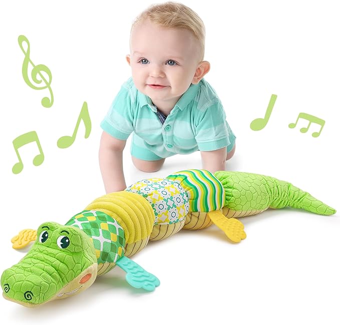 LIGHTDESIRE Baby Crocodile Musical Stuffed Animal, Infant Teething Toys with Ruler Design and Ring Bell, Suitable for Tummy Time, Newborn Boys & Girls 0-12 Months (Green)