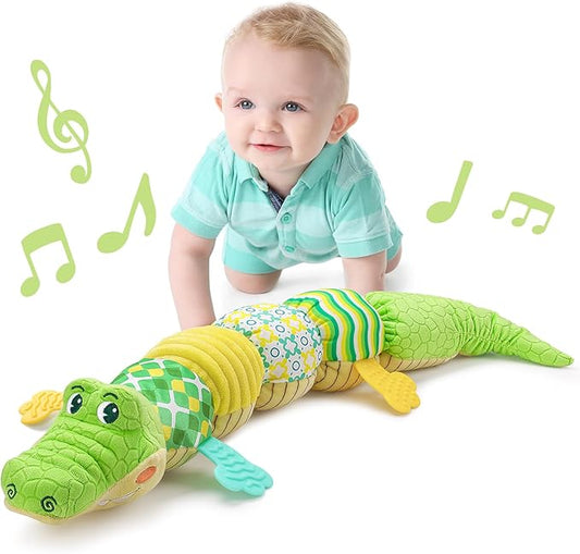 LIGHTDESIRE Baby Crocodile Musical Stuffed Animal, Infant Teething Toys with Ruler Design and Ring Bell, Suitable for Tummy Time, Newborn Boys & Girls 0-12 Months (Green)