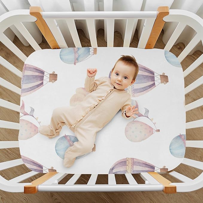 Watercolor Hot Air Balloon Crib Sheets for Boys and Girls, Fitted Baby Crib Sheets Soft and Breathable Mini Crib Sheets 52 X 28 X 9 Inches