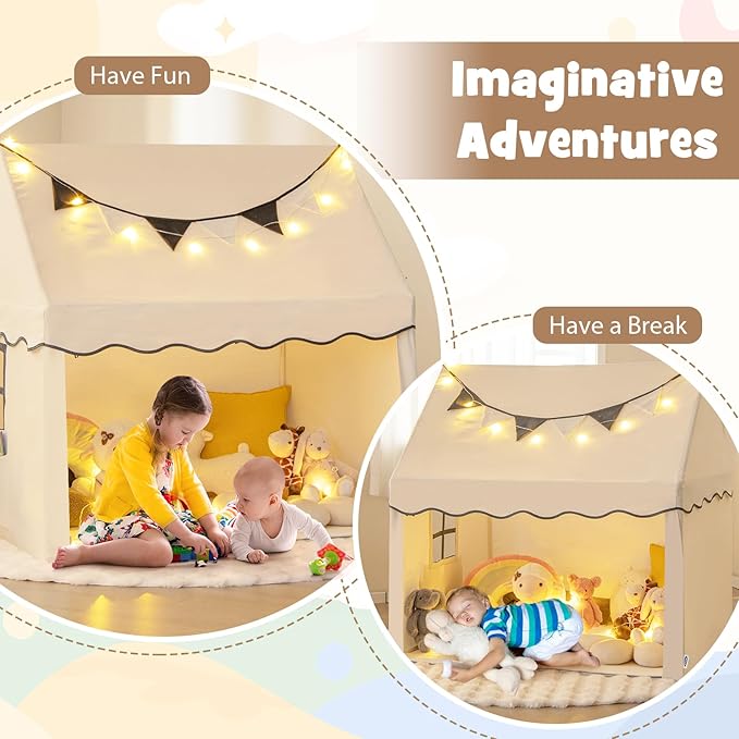 INFANS Kids Play Tent with Washable Mat Star Light Windows, Anti-Trip Large Playhouse Toys for Children Boys Girls, Indoor Outdoor Princess Tents Castle for Toddlers (Black- Wide Door)