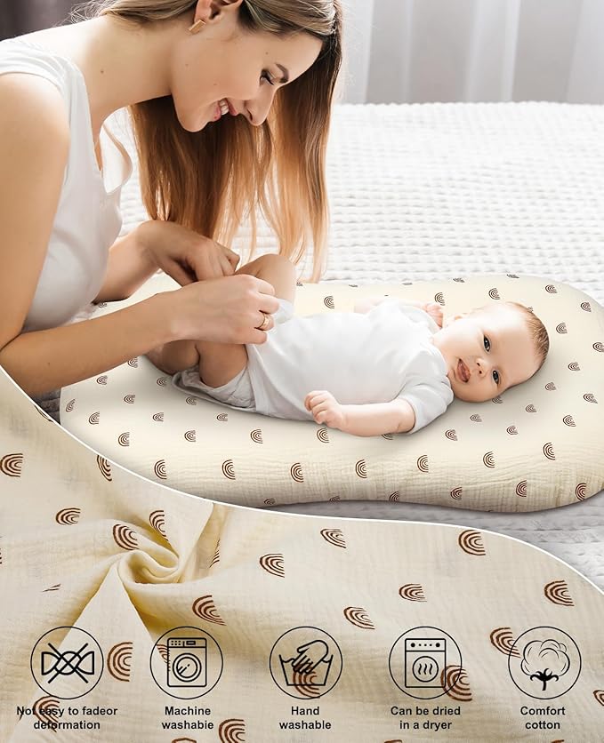 Muslin Baby Lounger Cover for Snuggle Me Organic Lounger/Baby Lounger/Organic Cotton Handmade Cover for Infant/Toddler Lounger (Yellow Rainbow, Beige)