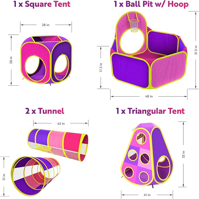 Playz 5pc Kids' Play Tents & Tunnels - Ball Pit for Toddlers, Basketball Hoop, Crawling Tubes, Pop-Up Playhouses, Baby Obstacle Course for Indoor or Outdoor Use