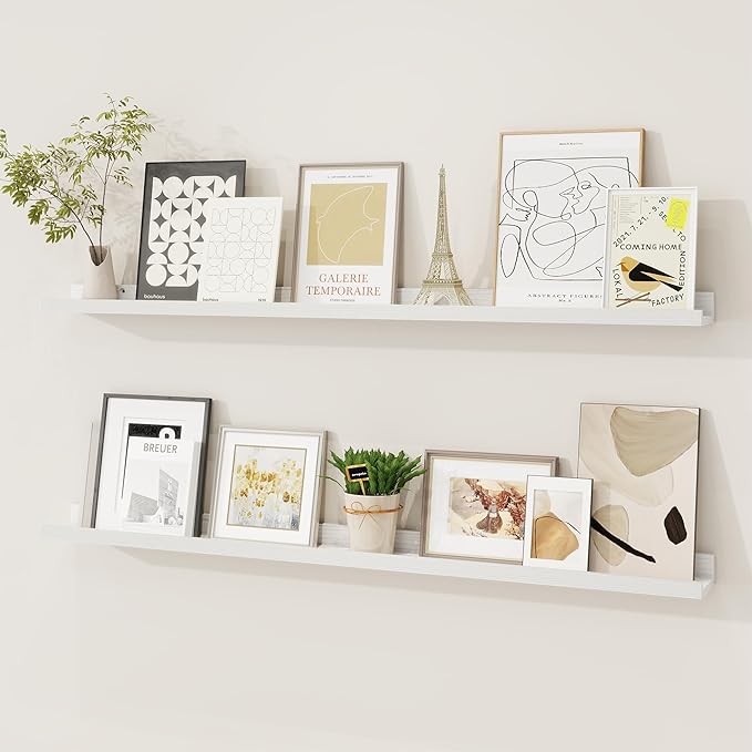 Picture Ledge Shelf, Solid Pine Wood Floating Shelves Set of 2, 40 Inches Nursery Book Shelves for Toys Storage, Kids Bookshelf Wall Mounted for Living Room Bedroom Decor Books Photo Frames, White