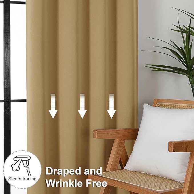 Simplebrand Ava Gold Blackout Curtains for Bedroom 90 Inches Long 2 Panels Set, Solid Privacy Energy Saving Living Room Window Treatment Curtains Blackout Drapes, W40 x L90 Inch, Gold
