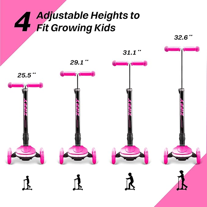 ZIFFY 3-Wheel Light-Up Kids Scooter, Kids Balance Scooter for Boys Girls with 20 Dynamic LED Lights, 4 Adjustable Height, Lean-to-Steer Design with Anti-Slip Wide Surface for Stability - Up to 110LBS