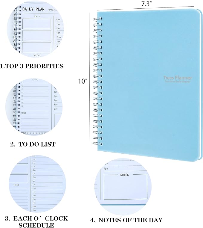 TREES Hourly Daily Planner Undated with To-Do List, Meals, Notes,Appointment Planner Book 10" x 7.3", Flexible PVC Cover,Twin-Wire Binding