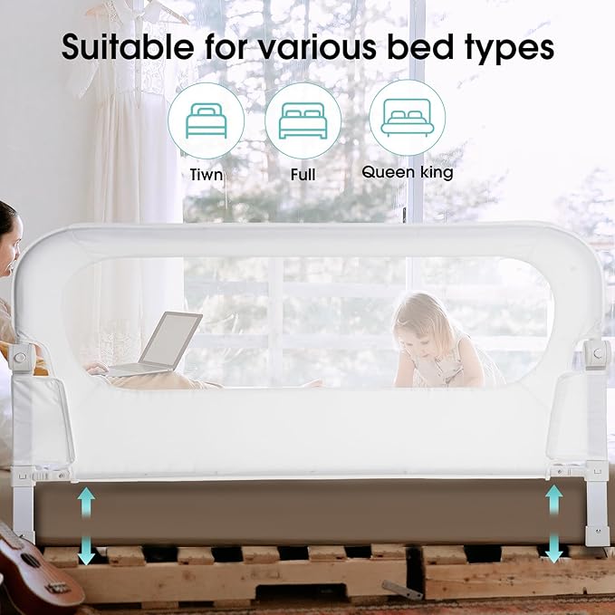 Baby Bed Rail Guard for Toddlers -59" Toddler Bed Rails for Twin, Full, Queen, King Bunk Size Bed Swing Down Bedrail Extral Tall Child Safety Side Railing Guards for Kids White