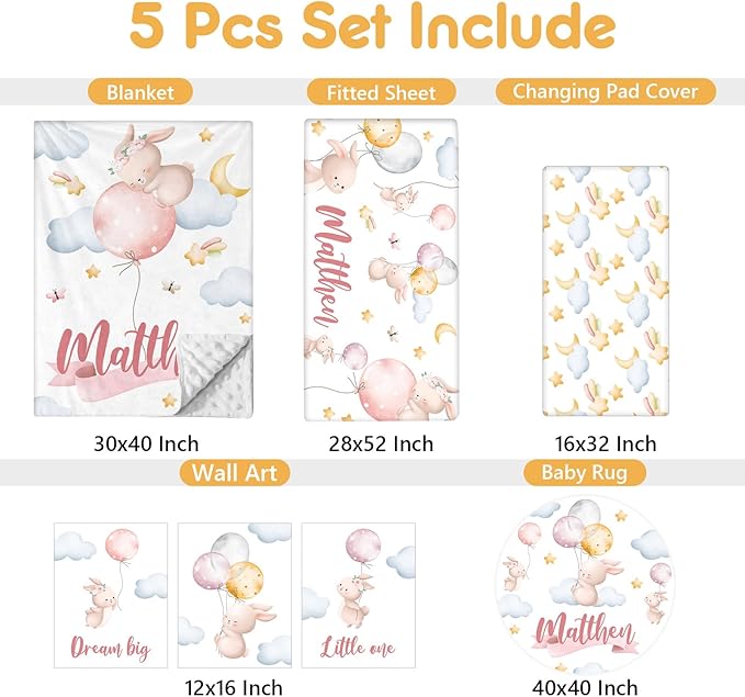 Personalized Baby Crib Bedding Set, 5 Pcs Custom Name Baby Crib Set with Double Layer Blanket, Soft Balloon Bunny Nursery Bedding Set for Girls Boys, Customized Gifts for Infants Toddlers