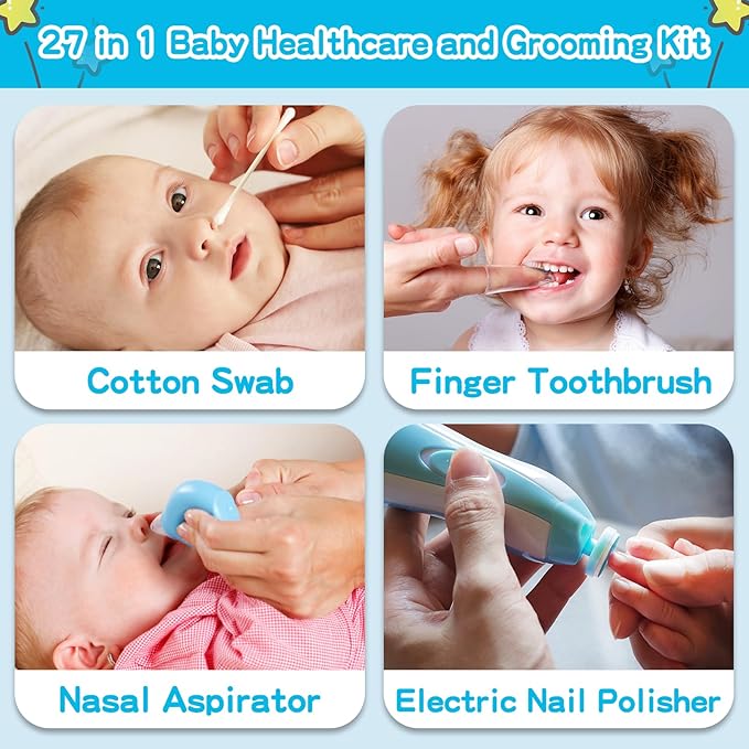 Baby Grooming Kit，Electric Safety Nail Trimmer Baby Nursery Kit，Infant Safety Care Set with Hair Brush Comb Nail Clipper Nasal Aspirator,Baby Essentials Kit for Newborn Girls Boys (21 PC-Blue Kit)