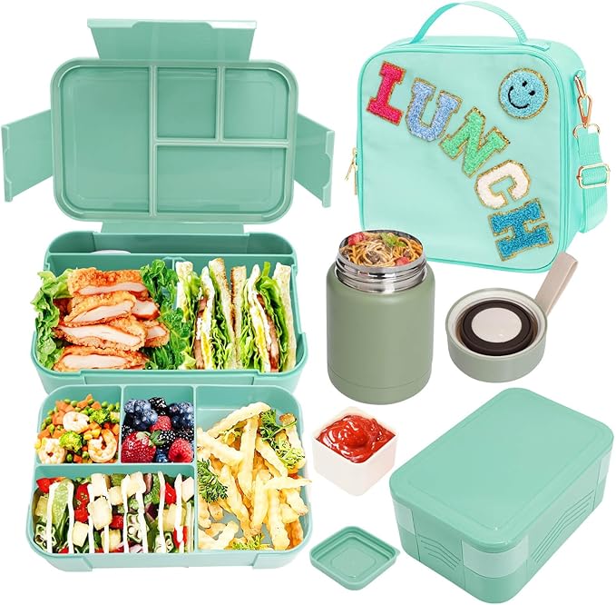 Girl Lunch Bag with 6 Compartment Bento Box with 10oz Thermo- Preppy Green Nylon Insulated Lunch Box Adjustable Strap, Birthday Gift For Girl Kids Teens Travel Picnic School