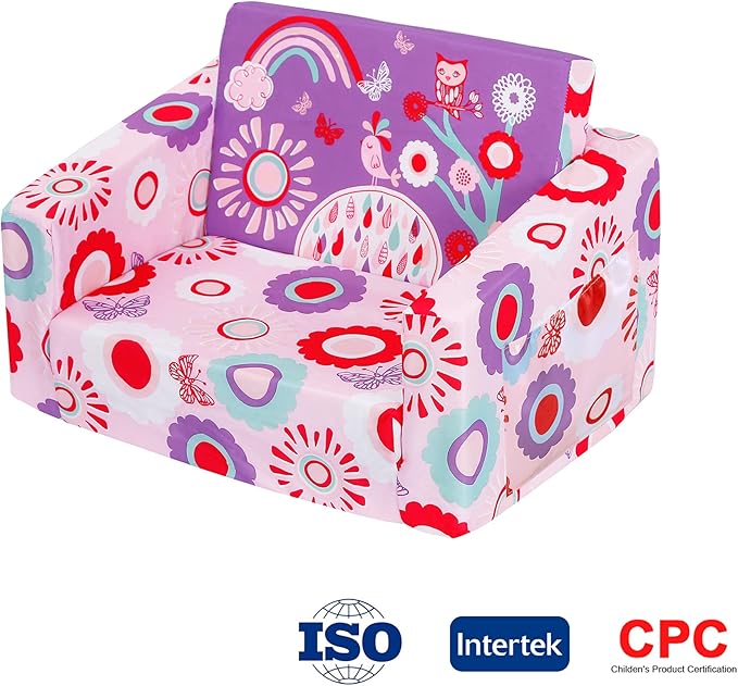 MallBest Kids Sofas Children's Sofa Bed Baby's Upholstered Couch Sleepover Chair Flipout Open Recliner(Pink/Flowers)