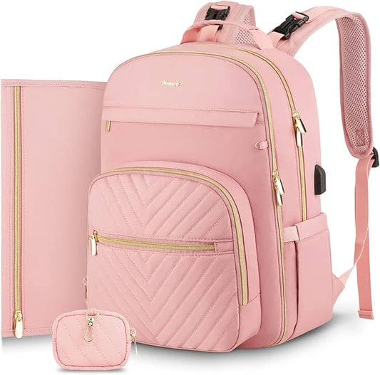 MOMUVO Diaper Bag Backpack, Quilted Baby Bag with Changing Pad & Stroller Straps & Pacifier Case, Large Travel Diaper Bags for Mom Dad, Pink