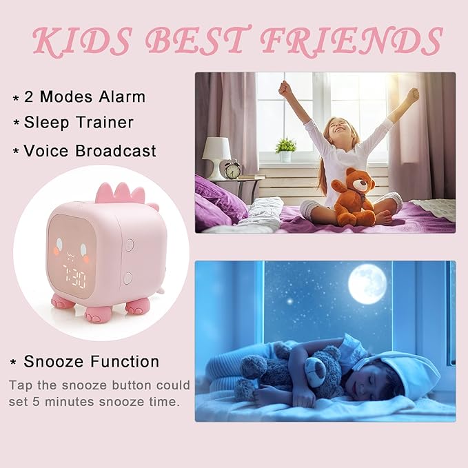 Alarm Clock Kids Dinosaur Alarm Clocks Girls Pink Digital Alarm Clock for Kids Girl Children with Night Light