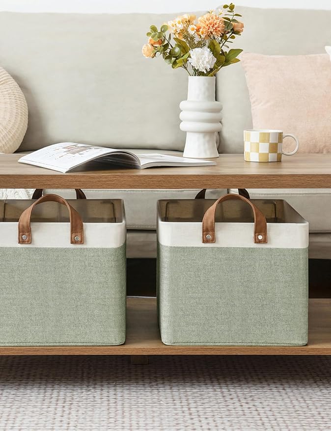 StorageWorks Storage Bins, Fabric Storage Bins for Shelves, Large Storage Baskets with Metal Frame, Closet Baskets and Bins with Handles, Green and White, 2-Pack