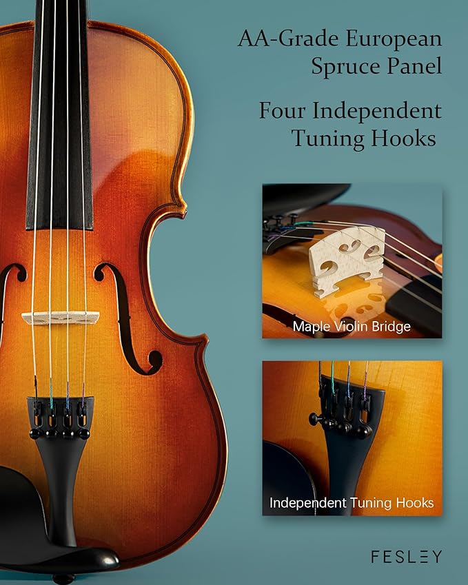Fesley Violin Fiddle Full Set: 4/4 Polished Violin Kit for Beginners, Acoustic Violin with Hard Case, Solidwood Hand Made Starter Kit with Bow, Rosin, Shoulder Rest, Tuner, Extra Strings