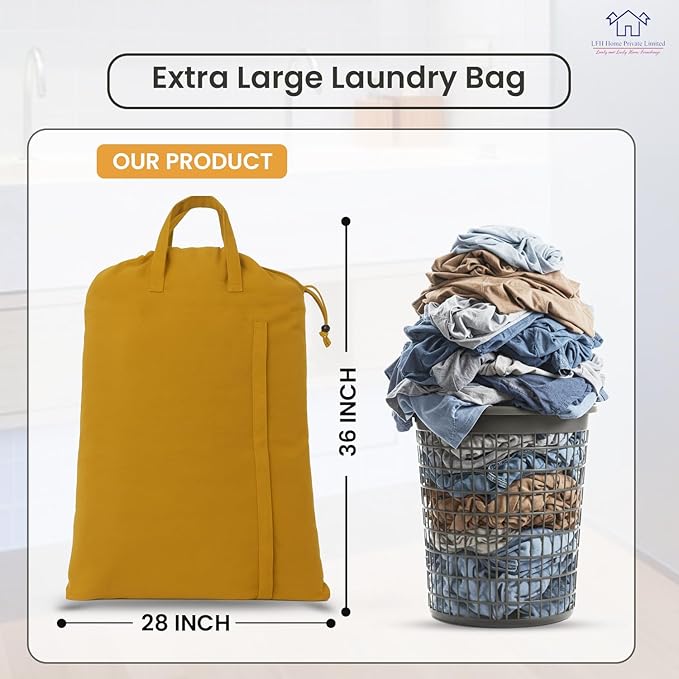 LFH Home Cotton Canvas Large Laundry Bag with Handle, Heavy Duty Drawstring Closure Washable Laundry Bags, School Travel, Home, Hotel, College Dorm, Organizer Sack, Toys Clothes 28x36-Yellow