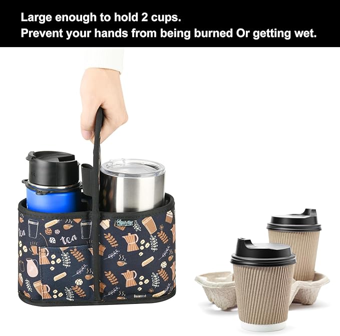 Beautyflier Drink Carrier with Handle for Delivery Reusable Insulated Coffee Cup Carrier Portable Cup Holder with Handle Organizer Tote Bag for Hot & Cold Drinks (2 Cup, Pattern3)