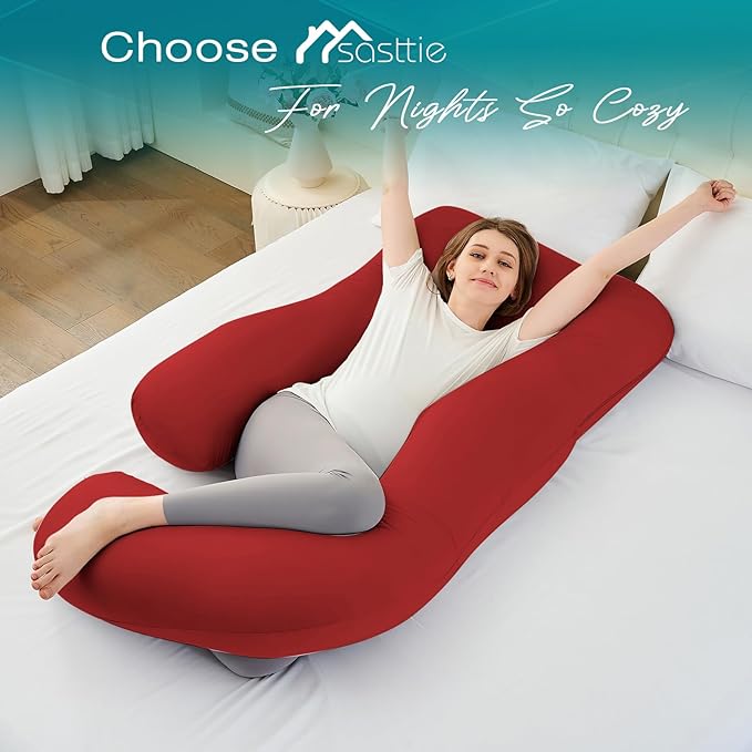 Sasttie Pregnancy Pillows for Sleeping, Jumbo U Shaped Cooling Full Body Pillow with Removable Cover, Pregnant Women Must Haves, Maternity Essential, Red