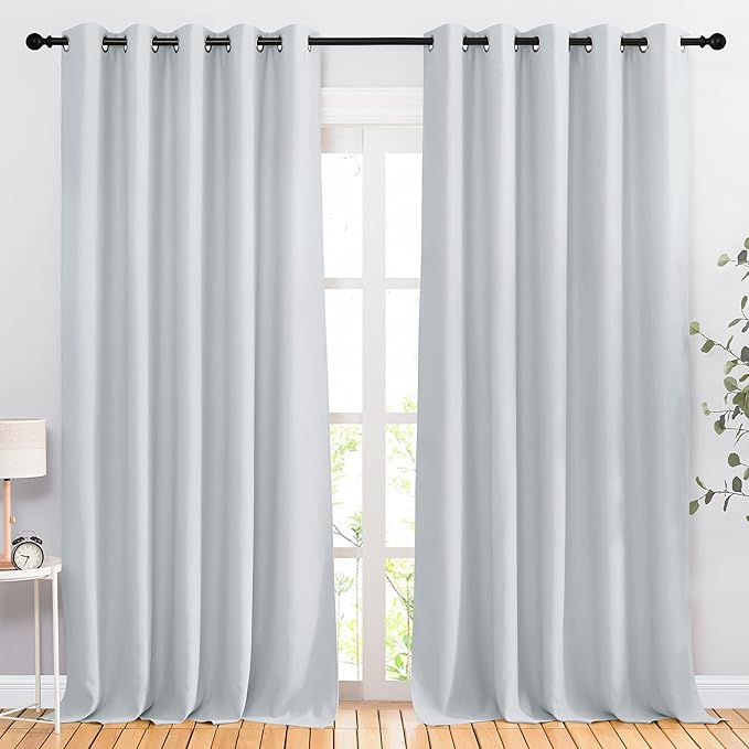 NICETOWN Room Darkening Curtains for Living Room - Easy Care Solid Thermal Insulated Grommet Curtains/Drapes for Bedroom (2 Panels, 66 by 90, Greyish White)