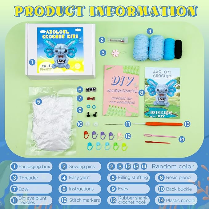Pnytty Crochet Kit for Beginners, Crochet Animal Kits for Starters with Step-by-Step Video Tutorials, Blue Axolotl Knitting Kit with Easy-to-See Stitches Yarn, Crochet Hooks for Adults Easy Craft