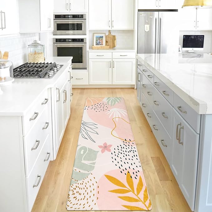 Lahome Pink Washable Runner Rug - 2x6 Non-Slip Throw Hallway Runner Rugs Low-Pile Soft Bedroom Kitchen Runner Rug Boho Botanical Print Carpet Runner for Laundry Room Entryway Bathroom Living Room