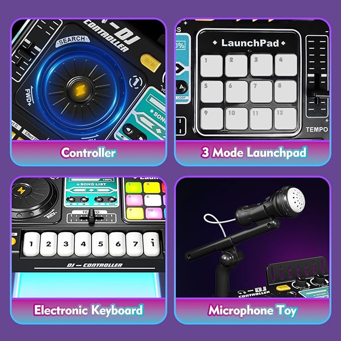Kids DJ Mixer Controller Table Musical Toy Electronic Bluetooth Toy with LED Lights Sound Effect Microphone Piano DJ Board Key Musical Instruments Birthday Gift Toys for 3 4 5 6 7 Year Old Boy Girl