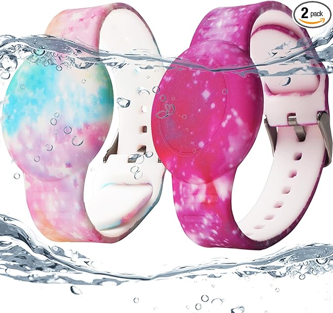 2 Pack Waterproof AirTag Bracelet for Kids, Hidden Printed Wristband for Apple Air Tag, Silicone AirTag Holder GPS Tracker Case for Band for Child Toddler, Secure Anti-Lost Protection(Pink,Purple)