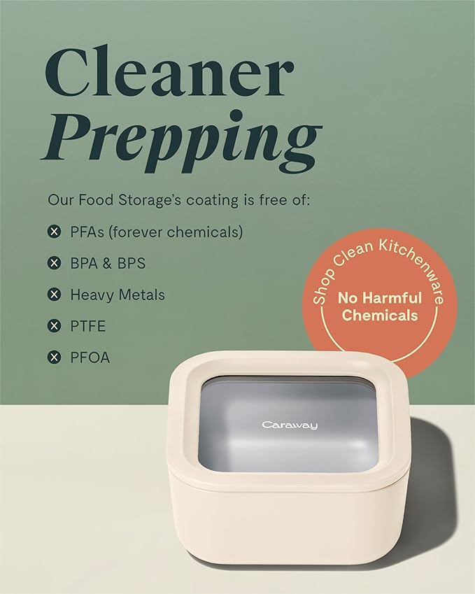 Caraway Glass Food Storage, 4.4 Cup - Ceramic Coated, Non-Toxic, Non-Stick Lunch Box With Glass Lids - Easy to Store, Dishwasher, Oven, & Microwave Safe - Sage