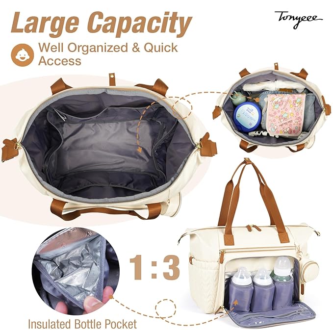 Diaper Bag Tote, Large Baby Diaper Bags Waterproof, Hospital Bag for Labor Delivery with Pacifier Case, Changing Pad, Shoulder Strap, Beige