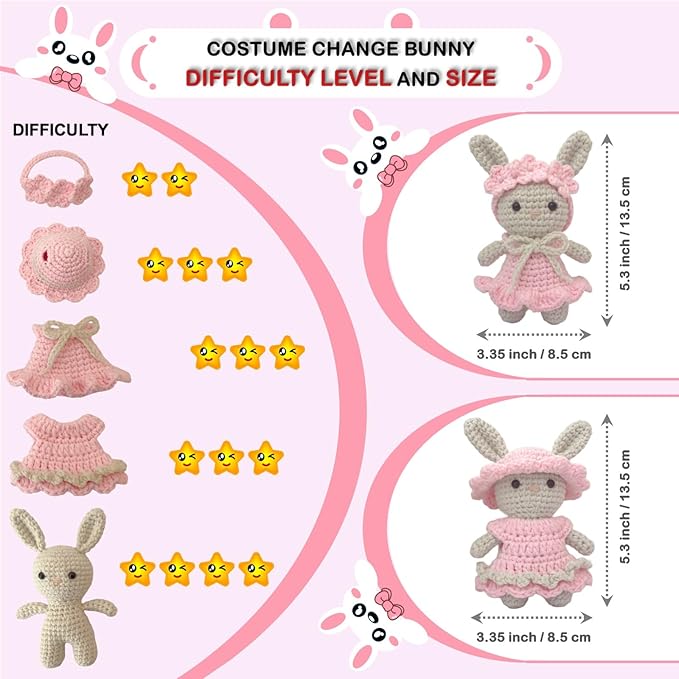 LoopMap Beginner Crochet Kit for Adults & Kids - DIY Amigurumi Bunny with Removable Dress & Accessories - Step-by-Step Video Tutorials, Extra Yarn, Crochet Tools - Handmade Gift (Bunny-Pink)